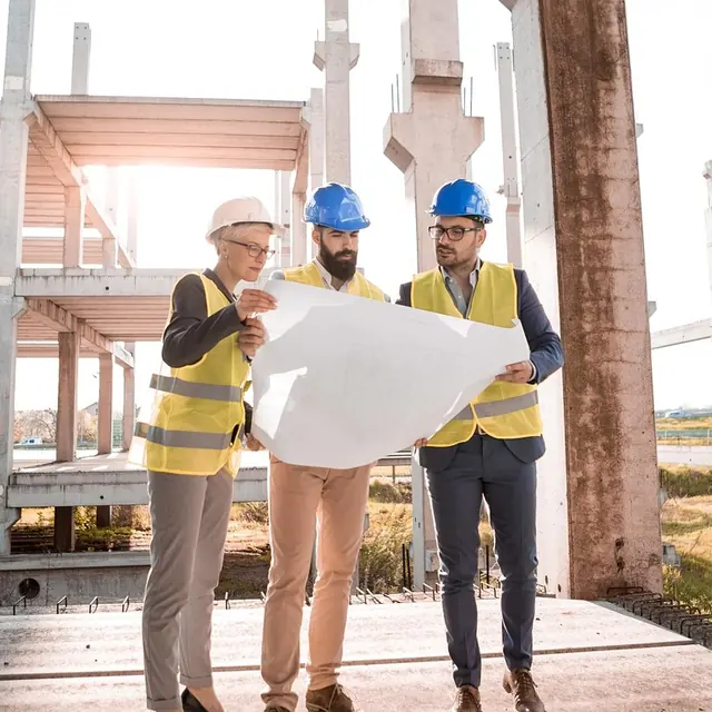 مهندسون في موقع بناء يقرؤون مخططًا مطبوعًا معًا